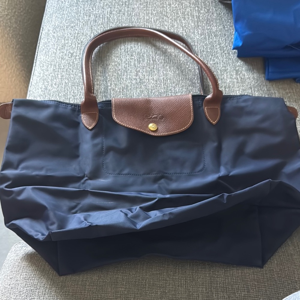 Navy Blue Tote Bag with Brown Handles